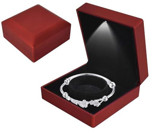Colexy Caja de Regalo para Pulseras con Luz LED, Caja de Terciopelo para Joyas, Estuche de Almacenamiento de Joyería para Colgante/Pulsera/Collar, para Bodas Compromisos Valentín, 10 * 10 * 5cm, Rojo