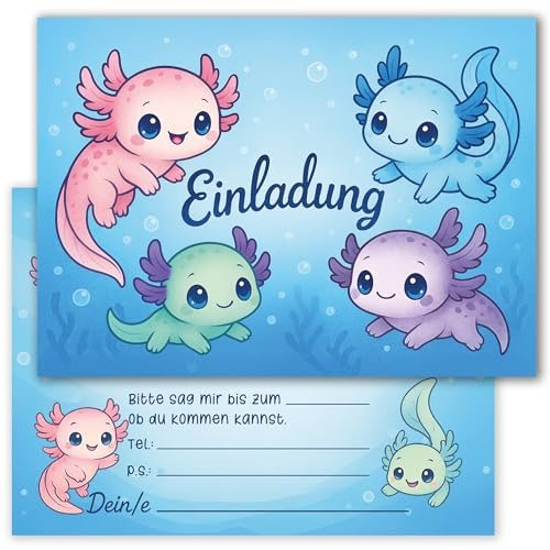 E&G Klasse 10x Einladungskarten Axolotl Tiermotiv Kindergeburtstag A6 Blau niedlich Geburtstagseinladung Kinder Einladungskarte Mädchen Jungen süß Tierparty Axolotl Design Karten