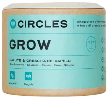 Circles GROW Integratore Capelli e Unghie Donna Biotina Selenio Ferro Serenoa Repens Equiseto Silice Vitamine B3 B5 B6, Senza Zuccheri Aggiunti, 30 Capsule Vegan Made in France