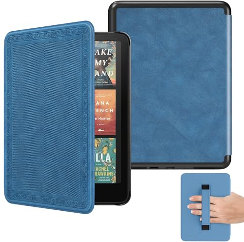 MoKo Hülle für 7 Kindle Paperwhite(12. Gen-2024) und Kindle Colorsoft Signature Edition 2024, Leichte Hülle mit Handschlaufe Auto Wake/Sleep Nicht für Kobo Aura 2/Remarkable, Blau Vintage Twill