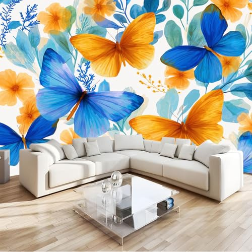 Feuchtigkeitsbeständig Fototapete 250 x 175 cm, Minimalistisch Blumen Insekten Schmetterlinge muster Vlies Wandtapete Tapeten, Farbe Wohnzimmer Studienkorridor Wand Dekoration