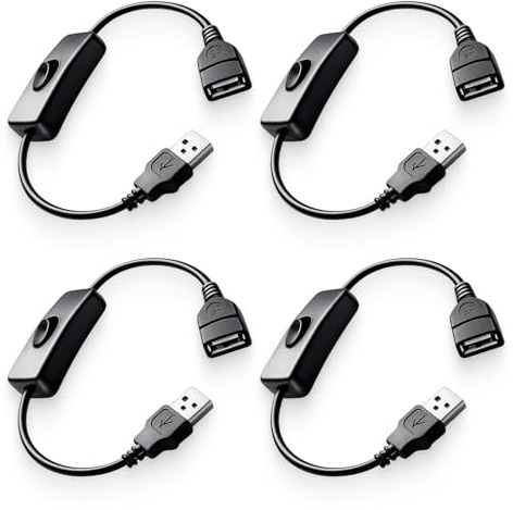 4PCS USB Verlängerungskabel mit Ein Aus Schalter, USB A Stecker auf Buchse mit Inline Wippschalter für LED-Leuchten, Lüfter, Nachttischlampen und andere Geräte, 22AWG, 28 cm Länge