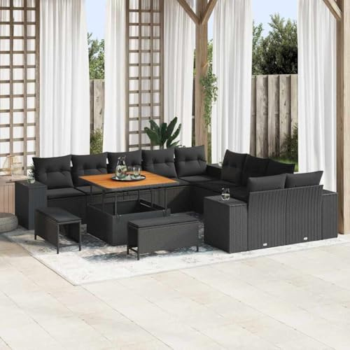 Ziaphsol Gartensofa-Set, 13-teilig, Schwarz, Poly-Rattan, Modulares Loungesofa mit Kissen, UV-beständig, Wetterfest, für Terrasse, Garten, Balkon