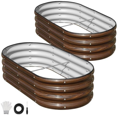SnugNiture Steel Raised Garden Bed, 2-Pcs 4x2x1ft, Brown | Large Oval,Metal Planter,Outdoor for Growing Vegetables, Flowers and Herbs
