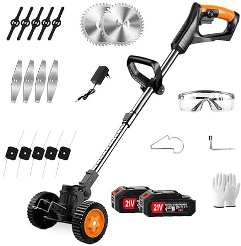 Aimmbiuty Desbrozadora Eléctrica de Batería 21V - Cortabordes Batería 4Ah con 4 Tipos de Cuchillas, Mango Telescópico Ajustable para Jardín, Césped y Bordes, Potente y Ligera (Orange)