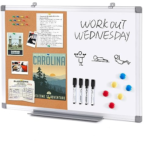 Swansea Whiteboard Magnettafel und Pinnwand Kork mit Aluminiumrahmen für Wohnung, Büro, Küche und Schule, 60X45cm