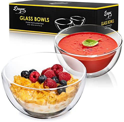 Dragon Glassware Müsli- und Suppenschalen, isolierendes doppelwandiges Glas, hält Lebensmittel heiß und kalt und fühlt sich sicher an, 652 ml, 2 Stück