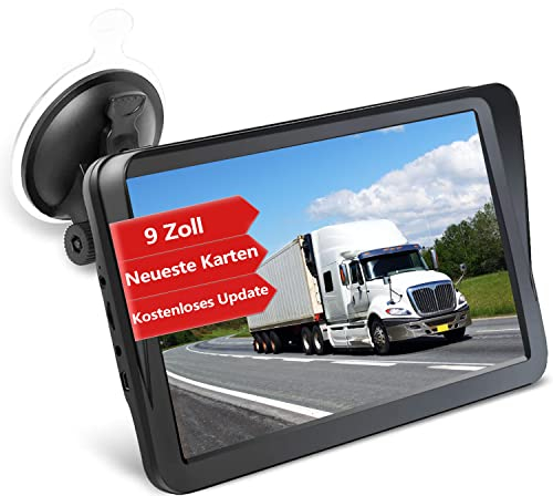 Aonerex Navegación GPS para coches y camiones, 9 pulgadas, navegador con sombrilla, guía de voz POI, asistente de pista, mapa de Europa, actualizaciones de mapas