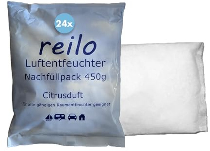 reilo 24x 450g Citrusduft Luftentfeuchter Granulat, Raumluftentfeuchter im Vliesbeutel, Nachfüllpacks für gängige Entfeuchterboxen, Lufttrockner für Wohnraum, Schlafzimmer, Keller