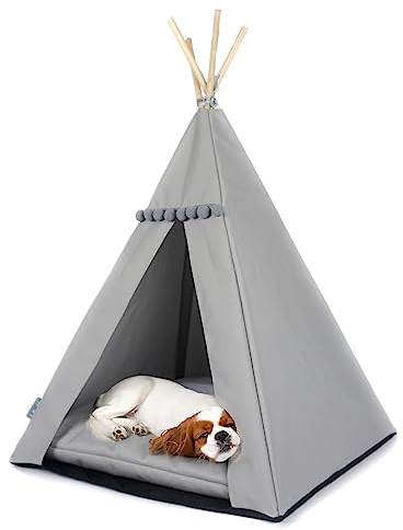 Tipi für Katzen und Hunde mit Bommeln, Wasserdichtes Haustierzelt mit Rutschfester Basis, Hunde- und Katzenhaus (Graues, graues Kissen, 65x65cm)