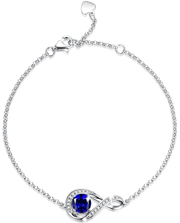 Gemlanto 925 sterling silver armband Oändlighet Skapade Safir September Födelsesten Länkarmband för kvinnor Dotter Danity Födelsedagsjubileum Smyckespresenter till sin mamma, justerbar kedja 17+1,5+1,5 cm