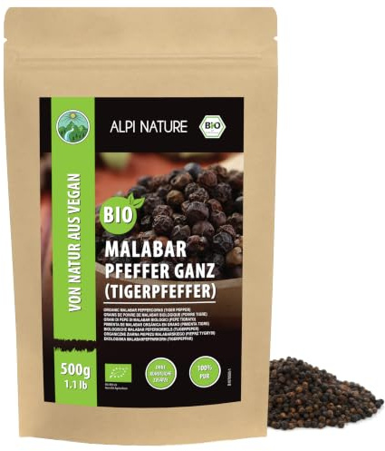 Alpi Nature Malabar Pfeffer BIO 500g, bio Malabar Pfeffer schwarz ganz | Premium Pfefferkörner schwarz ganz, ideal für Fleisch, Geflügel & Meeresfrüchte, Tigerpfeffer