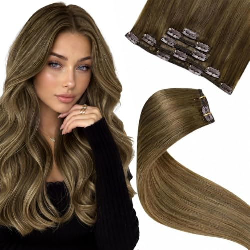LaaVoo Echthaar Extensions Clip in Aschiges Hellbraun mit Beigenuancen Clip in Extensions Echthaar Remy Menschenhaar für Party Doppelt Tressen 30cm 5pcs 80g #6/8/14