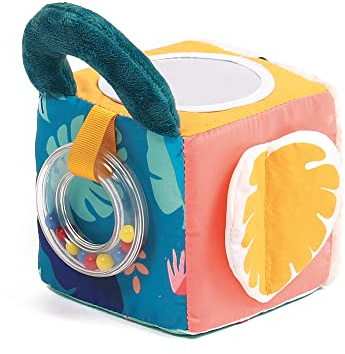 LUDI - Cube D'Éveil Jungle En Tissu Doux - Jouets D'Éveil Bébé - Dès 3 Mois - Développe Le Toucher, La Motricité Fine & Le Bien-Être - Nombreuses Textures & Activités - Motif Feuilles