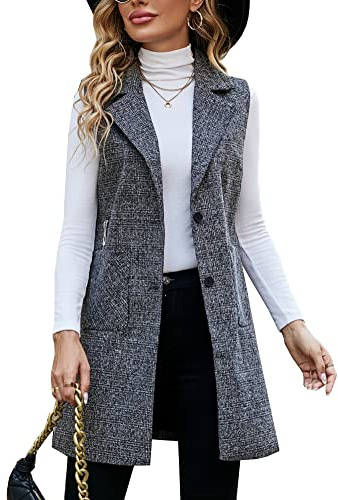 Kedera Long Vest for Women Sleeveless Tweed Blazer Jacket Sleeveless Pocket Outerwear Longline Trench Coat
