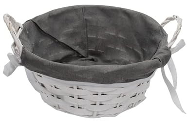 VIRSUS Cestino in Vimini rotondo di colore bianco, diametro 23 cm e altezza 10 cm, con fodera in Tessuto grigio e manici, cesto piccolo intrecciato portaoggetti, portapane, cesto regalo (2)