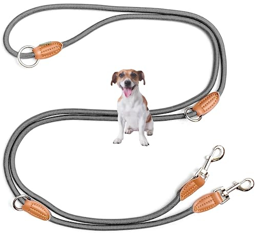 Leisegrün Hundeleine kleine Hunde leicht - Führleine 3m verstellbar mit 2 Karabiner - 3 Meter lang x 0,8 cm - Nur 200 g - Modell Devon - Grau