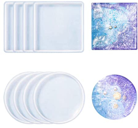 LOREC 8 Pcs Resin Silikonform Untersetzer Rund/Quadrat Epoxidharz Formen Set - Geeignet für Kerzenhalter, DIY Bastelprojekte, Heimdekoration