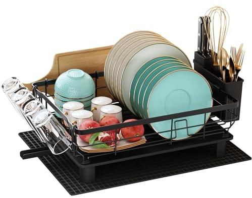 MAJALiS Scolapiatti da Cucina, Scolapiatti in Acciaio Inossidabile con portabicchieri e portautensili, Stoviglie per Asciugapiatti Nero con Scarico Automatico