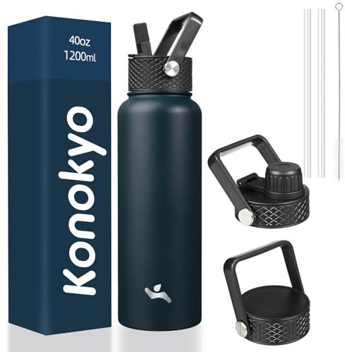 Konokyo Insulated Water Bottle with Straw,40oz 3 Lids Metal Bottles Stainless Steel Water Flask,Navy Blue