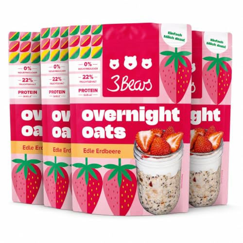 3Bears Overnight Oats Edle Erdbeere 4x400g - Proteinquelle mit Vollkorn-Hafer & echten Erdbeeren - veganes Frühstück ohne Industriezucker - schnelles Meal Prep, bekannt aus dem TV