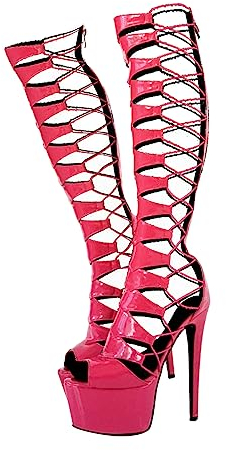 blingqueen Damen Römersandalen Peeptoe Plateau Sandaletten Stiletto High Heels Lack Fuchsia Rosa 43 EU