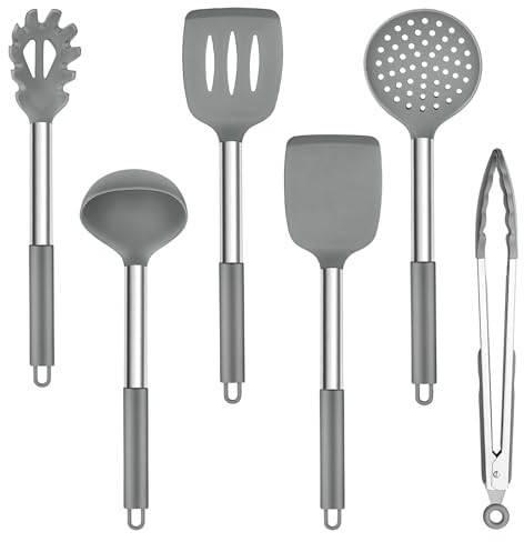 TEAMFAR Küchenhelfer Set, 6 Stück Silikon Küchenutensilien Kochbesteck mit Edelstahlgriff, Hitzebeständiger Pfannenwender Kochutensilien Set zum Kochen, Leicht zu Reinigen & Spülmaschinenfest, Grau