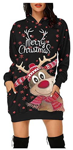 Julklänning för kvinnor, långärmad tröjklänningar, god jul huvtröja, klänning, höst, vinter, rund hals, tröjklänning, rentryck, huvtröja, klänning, lång jultröja, jultröja, J – svart, XL