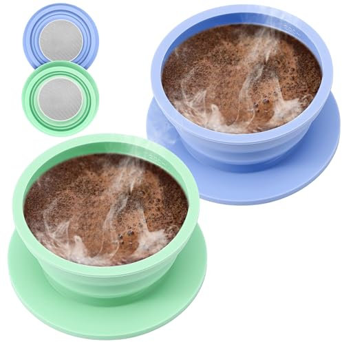 VVGCS Gotero de café plegable sin papel con filtro de café de metal reutilizable, pequeña cafetera de camping para verter sobre una sola porción, cafetera de goteo de silicona de una sola taza
