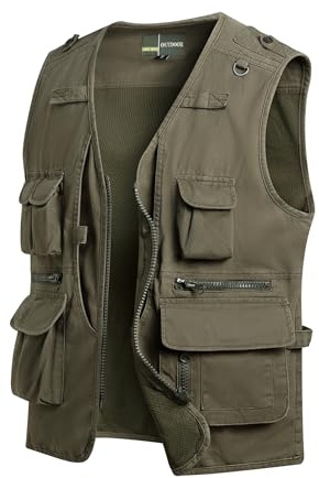 MeiLayM Homme Gilet de Pêche en Multi-Poches Léger Respirant à Séchage Rapide Gilet Plein Air Photographie Camping Casual Manteau sans Manche Vert militaire,3XL