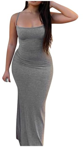 OOHOKAY Vestito da Donna Sexy, Casual, Lungo, Elegante, Senza Maniche, Schiena Nuda, Aderente, con Spalline Sottili, Maxi, Grigio-1, L