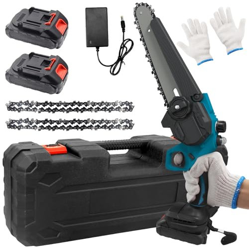 8-Inch Electric Mini Chainsaw Cordless, Handheld Mini Pruning Shears Chainsaw with 2 x 4000 mAh Rechargeable Batteries for Tree Trimming Wood Cutting, Charger Included, Blue