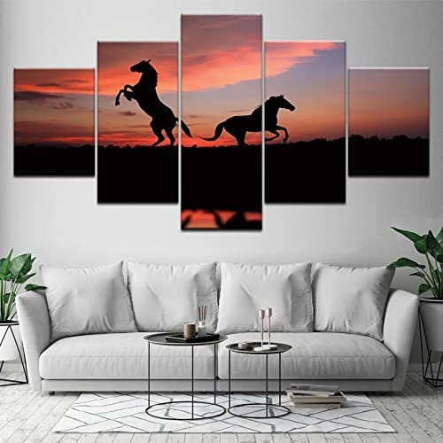 5-Teilige Hd-Bedruckte Leinwand, Wandkunst, Leinwanddrucke Für Wohnzimmer, Moderne Dekoration, Drucke Auf Leinwand Zwei Pferde Sonnenuntergang Landschaft 200 X 100 Cm / 78,74 X 39,37 Zoll H -9N5W+Y9F4