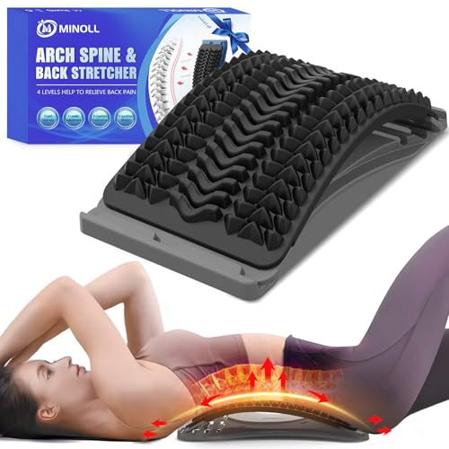 MINOLL Ryggsträckare för smärtlindring i nedre ryggen, 4 nivåer, justerbar båge, ländrygg och knäckande rygg, ryggspräckningsanordning, ryggmassage för skolios, ryggdekompressionsstöd – grå