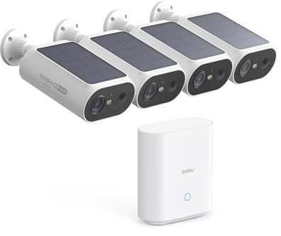 aosu 2K Security Camera Outdoor Wireless, 4 Cam-Kit with Homebase, No Monthly Fee with Integrated Solar Panel, Forever Power, No Blind Spot Home Security, 32GB Local Recording [Energy Class A+++]