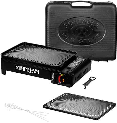 Taffstyle Gas Campingkocher Gaskocher Outdoor BBQ Tisch Grill Platte Notfallkocher Camping Herd 1 Flammig mit Koffer Barbecue Tischgrill Grillplatte für Gaskartuschen Gasflaschen Schwarz