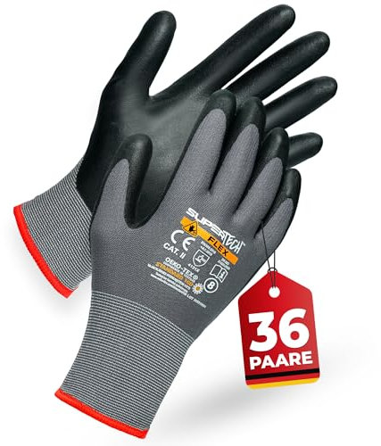 PRESTIGION 36 Paare Arbeitshandschuhe Herren Größe 7-S - Arbeitshandschuhe mit Rutschfeste Nitril-Beschichtung - Robust und Abriebfest Handschuhe Arbeitshandschuhe
