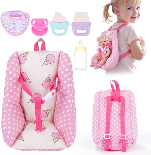 BABESIDE Baby Doll Carrier Set – Realistic Baby Doll Accessories with Carrier, Bib, Rattle, Bottle & Feeding Toys for 10–12 Inch Dolls（Not Doll）