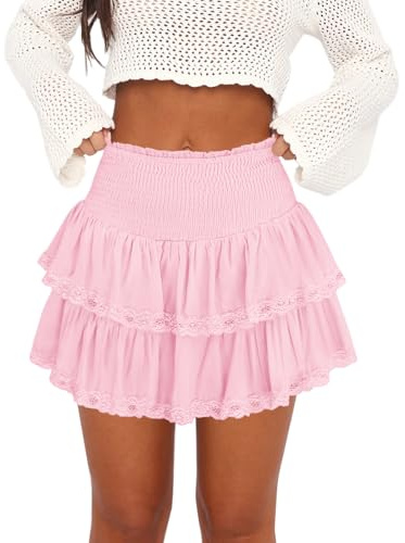Pungdra Minigonna Casual da Donna con Volant, Atletica, Golf, Tennis, Skort Boho a Strati a Vita Alta a Strati con Volant gonne Corte fluide, Orlo in Pizzo Rosa, XS