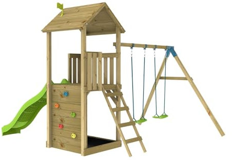 Aire de Jeux OLIVÈTE SKYWOOD Plateforme Toboggan - bac à Sable - Bois FSC®