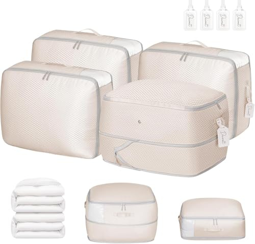 DIMJ Selbstkomprimierender Organizer - Bettwäsche Aufbewahrung 4 Stück Aufbewahrung Bettdecken Kompression Kompressionsbeutel für Packing Cubes, Kleidung, Umzug, Decken, Beige