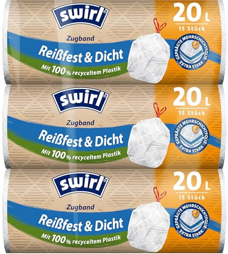 Swirl Sacchetti per la spazzatura antistrappo e a tenuta stagna, 20 l, confezione da 3 pezzi con 45 sacchetti, extra resistenti, antigoccia