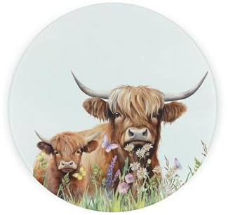 Dessous de plat rond en verre Motif vache et veau des Highlands – Cadeau d'animaux de la ferme – Petite planche à découper texturée avec pieds antidérapants 20 cm x 20 cm