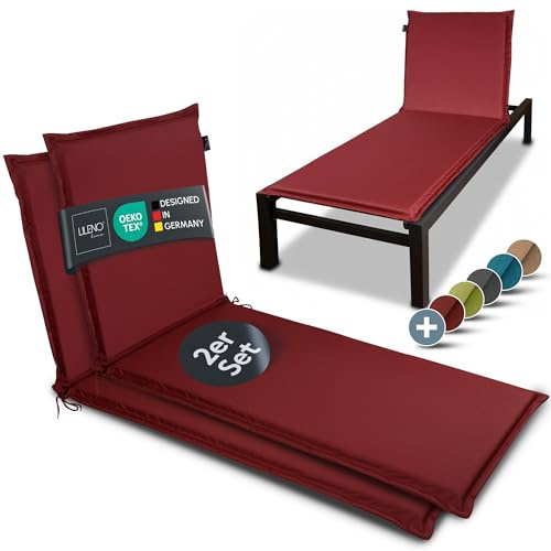 LILENO HOME MIA Lot de 2 coussins pour chaises longues de soleil à roulettes, rouges, idéal pour chaise longue de plage, rembourrés, 188 x 60 x 5 cm