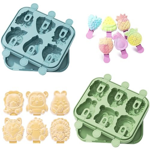 Pack of 2 Silicone Ice Lolly Moulds, 6 Cavities Popsicle Mould with Sticks, Ice Cream Molds, Reusable Ice Moulds with Lid, for Home Outdoor (Blue and Green)
