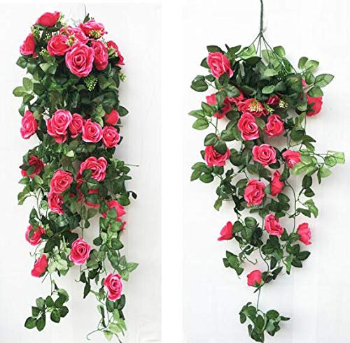 OWOHYG Lot de 2 Bouquets de Roses artificielles séchées, 89 cm, Guirlande de Lierre, Vigne en Soie, décoration pour Mariage et Maison (Rose Vif)