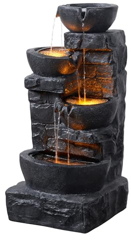 Teamson Home Garden Outdoor Water Feature 4 Tier Cascading Bowl Water Fountain With Warm LED Lights Dark Grey