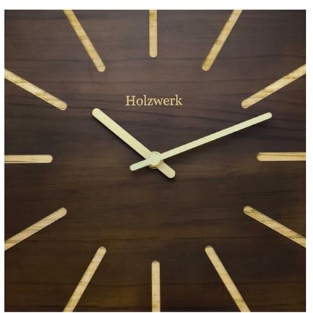 Holzwerk EBERSBERG Natur Holz Wanduhr Holz-Uhr Eckig Vintage laufleises Uhrwerk ohne Tickgeräusche Buche nahezu lautlos aus handgefertigtem Massivholz Natur 25 cm (HWN.Braun.)