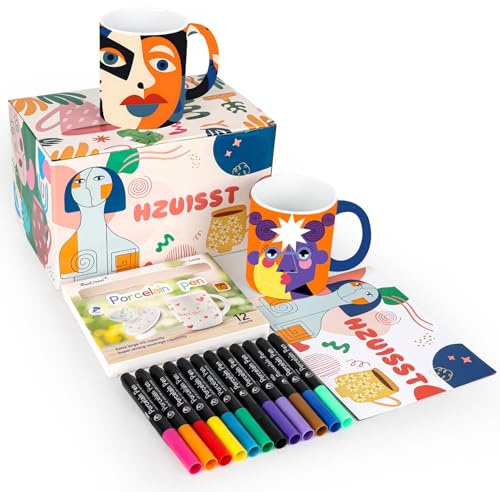 hzuisst Keramik Bemalen Set, Tassen Bemalen Set mit 2 Tassen, 12 Farben Porzellanstifte, Anleitung zum Malen, DIY Bastelset Geschenk für Erwachsene Kinder