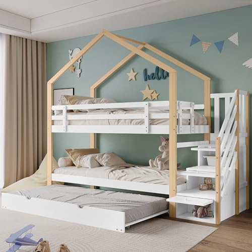 ECLIVON Litera Cama Infantil en Forma de Casa 90x200 con Cama Extensible 90x190, Literas Cama Alta con Escalera Almacenaje, Camas Infantiles con Protección Anticaídas, Sin Colchón, Natural + Blanco